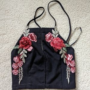 Rose embroidered halter top